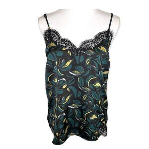 Halogen Green and Black Floral Camisole Tank Medium Petite